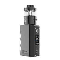 A black Steam Crave Titan V2 Combo Vape Kit, showcasing a sleek box mod with a digital display and a matching black RDTA (Rebuildable Dripping Tank Atomizer) on top. The tank features a minimalist black drip tip, and "Titan V2 Mod" is engraved on the mod's side.