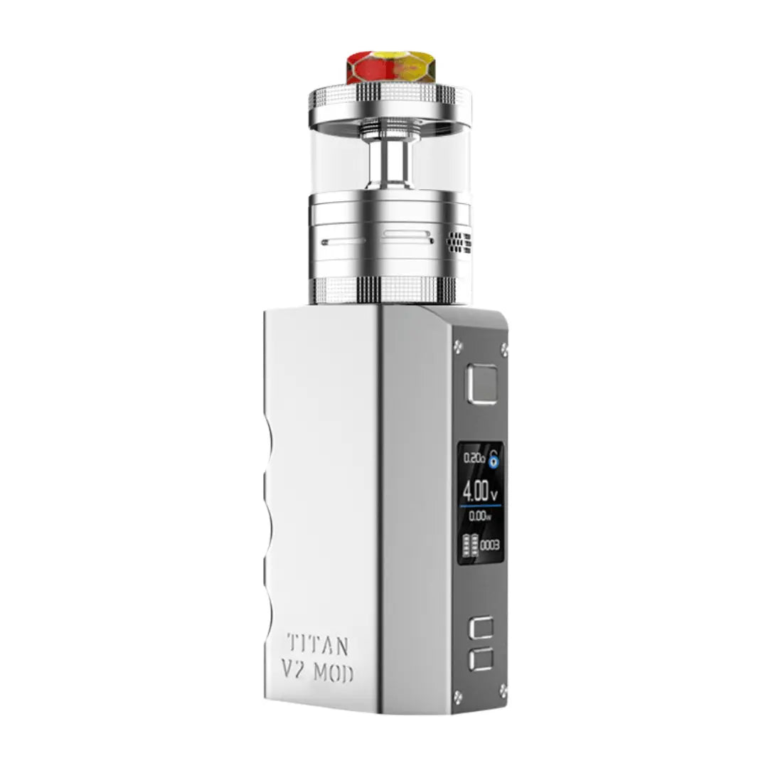 A silver Steam Crave Titan V2 Combo Vape Kit featuring a robust box mod with a digital display and a matching silver RDTA (Rebuildable Dripping Tank Atomizer) on top. The atomizer includes a vibrant red and yellow resin drip tip, and the "Titan V2 Mod" branding is engraved on the mod’s side.