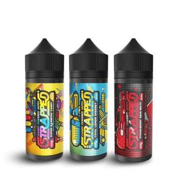 Three Strapped vape juice bottles with vibrant, colourful labels on a white background.