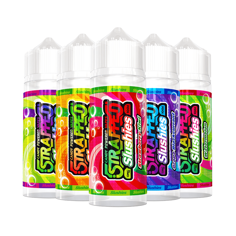 Five colourful Strapped Slushies vape juice bottles in a row.