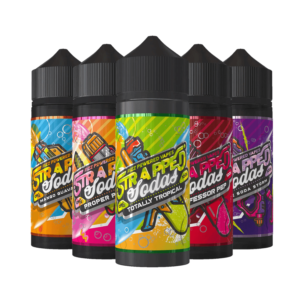 Five Strapped Soda vape juice bottles in vibrant, colourful designs.