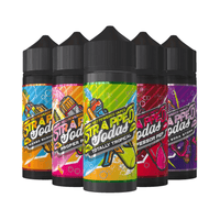 Five Strapped Soda vape juice bottles in vibrant, colourful designs.