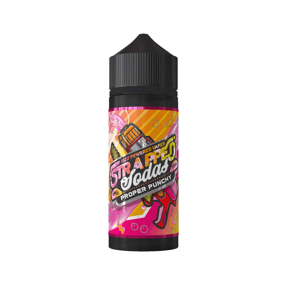 Strapped Soda Proper Punchy 100ml shortfill vape juice bottle with vibrant, colourful label.