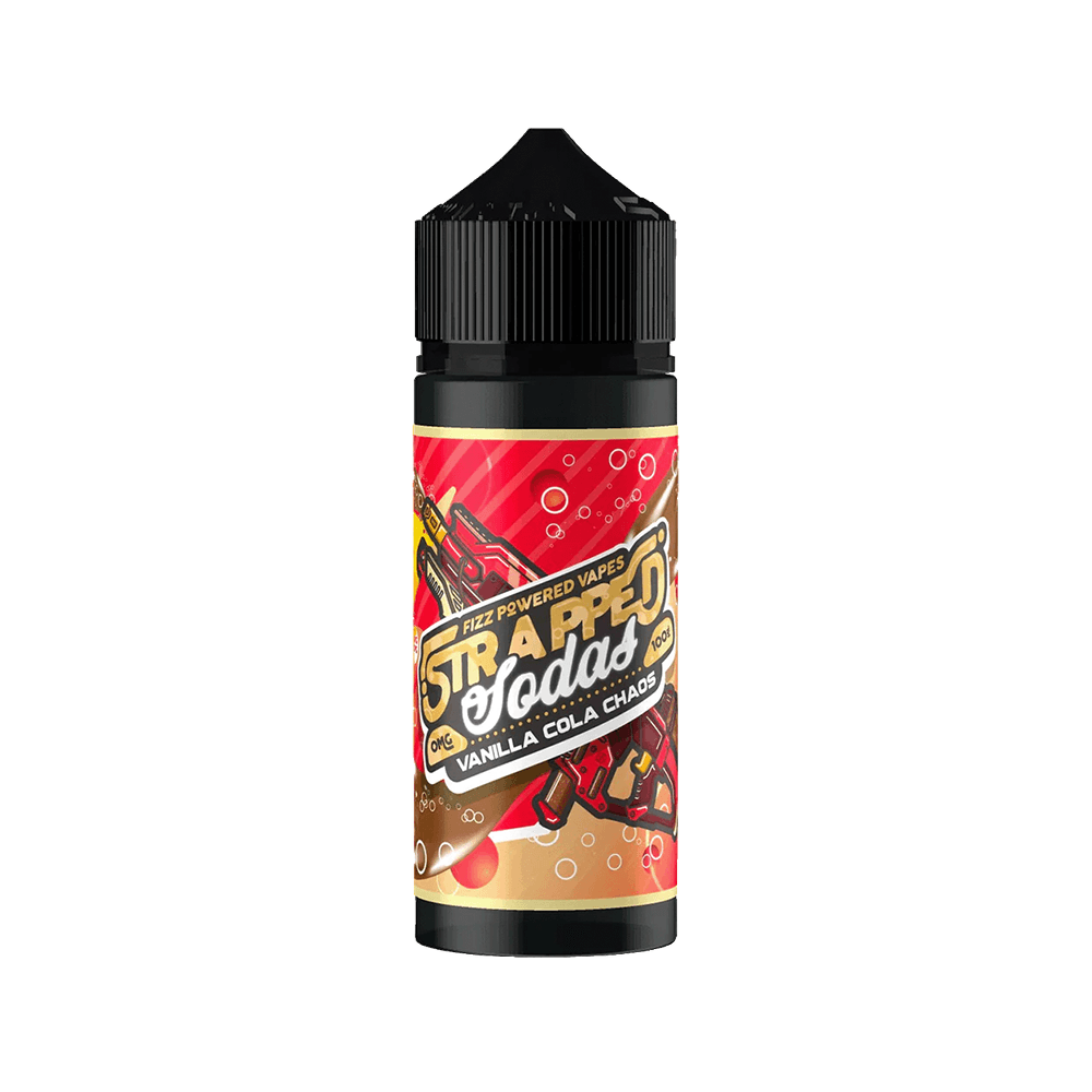 Strapped Soda Vanilla Cola Chaos 100ml shortfill bottle with vibrant red label and bubbles.