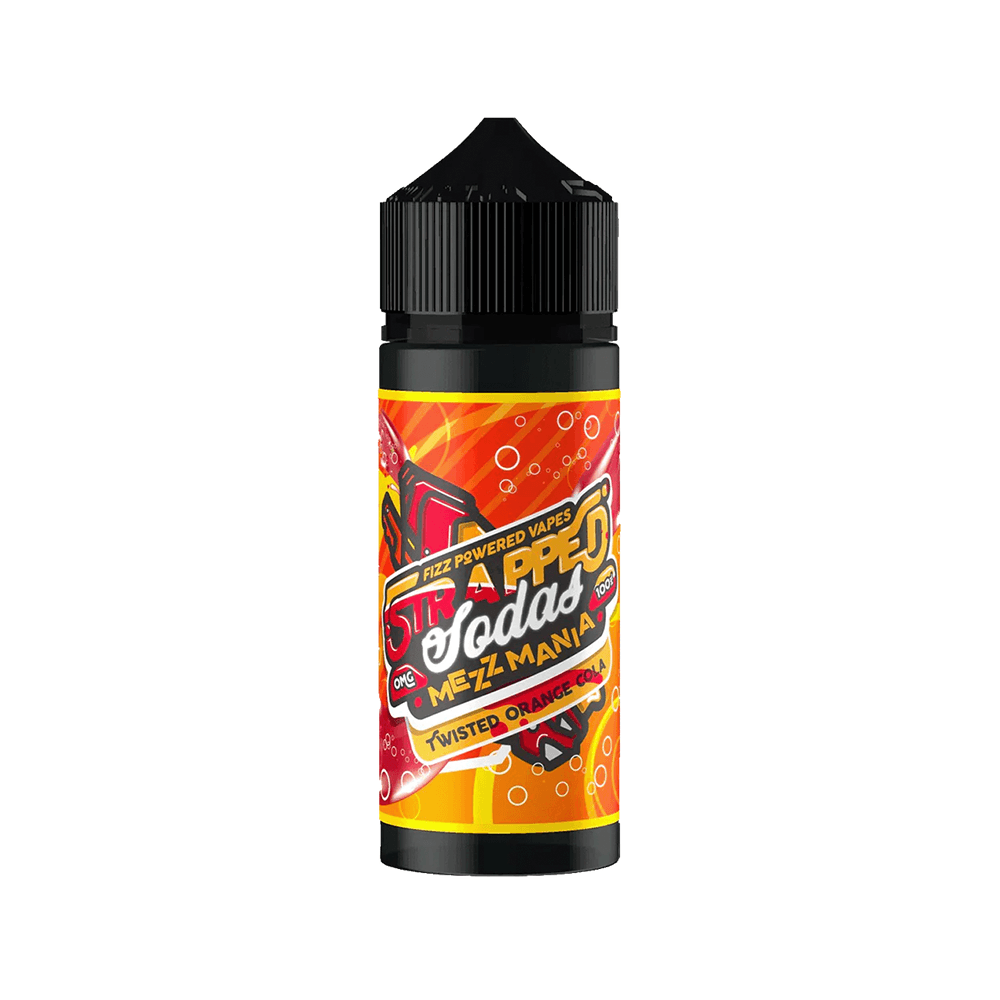 Strapped Soda Meiz Mania Twister Orange E-Liquid bottle with vibrant orange label design.