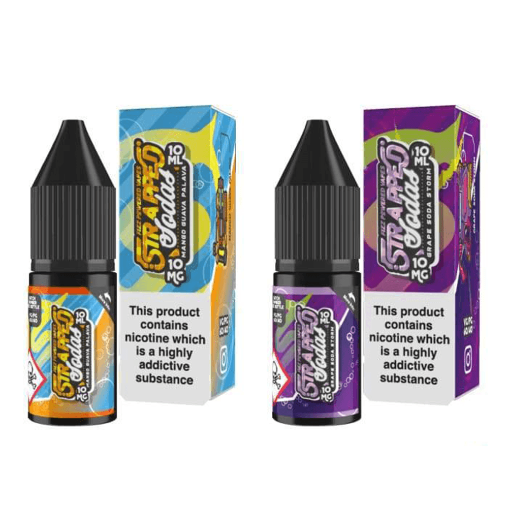 Two bottles of Strapped Sodas 10ml vape juice with colourful packaging.