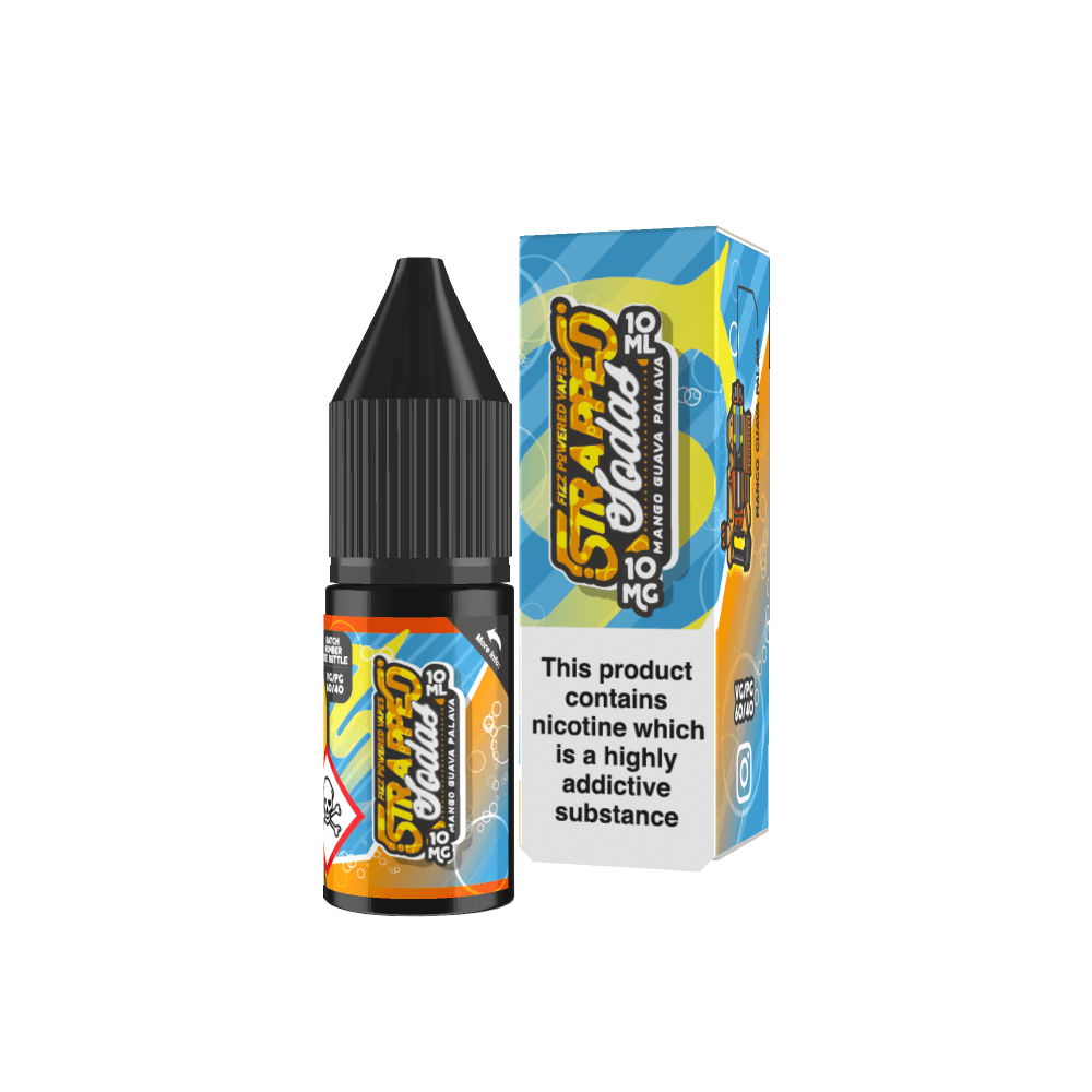 Strapped Sodas 10ml nicotine salt e-liquid bottle and box with vibrant design.