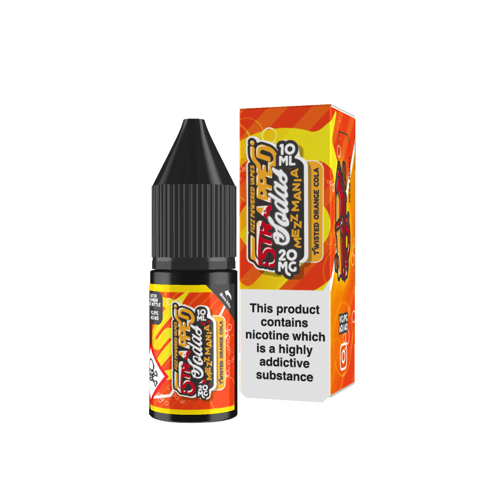 Strapped Sodas 10ml vape juice bottle and box, fizzy orange flavour.