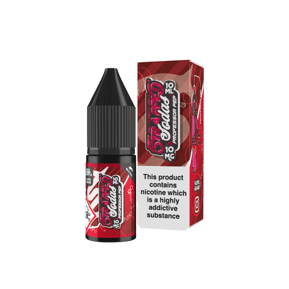 Strapped Sodas Professor Pep 10ml vape juice bottle and box with red design, 10mg nicotine.