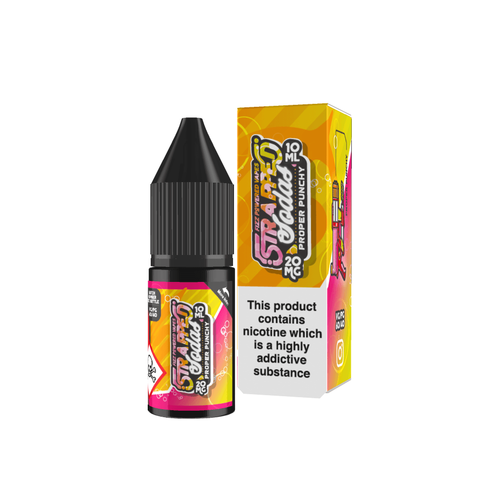 Strapped Sodas 10ml Salt, vibrant packaging, 20mg nicotine e-liquid bottle.