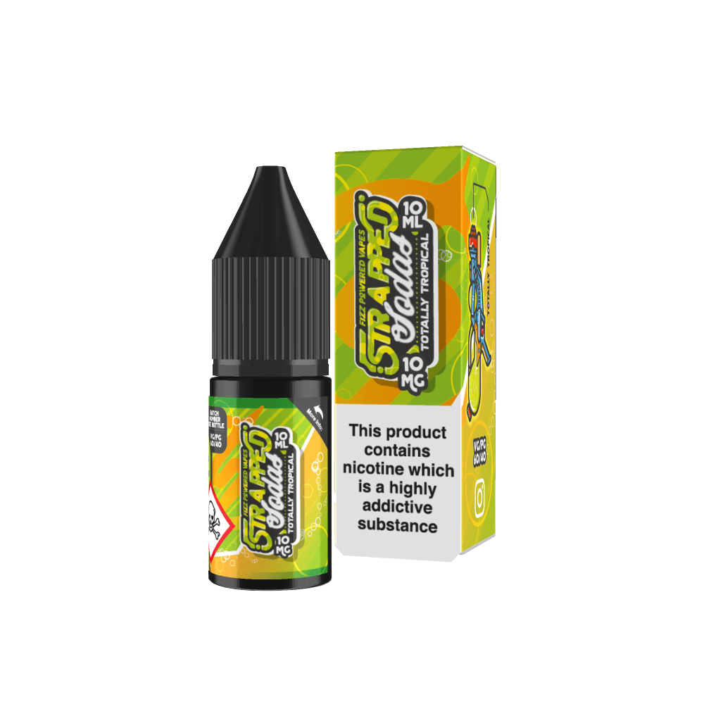 Strapped Sodas 10ml e-liquid bottle and box with tropical fruit design.