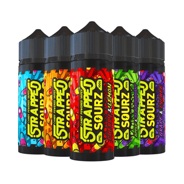 Strapped Sourz e-liquid bottles in colourful designs: Cherry & Lemon, Grape & Lychee flavours.