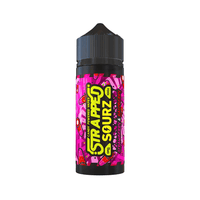 Strapped Sourz e-liquid bottle with vibrant pink and yellow label design.