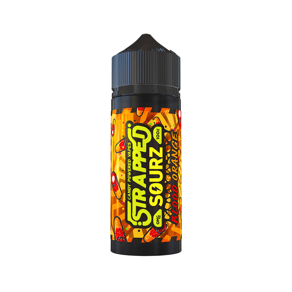 Strapped Sourz Blood Orange vape juice bottle with vibrant citrus-themed label.