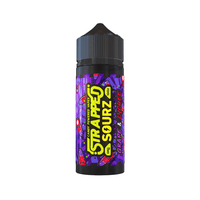 Strapped Sourz 100ml vape juice bottle with grape and mixed berries design.