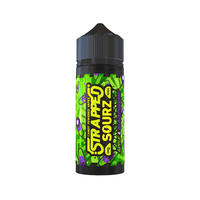 Strapped Sourz vape juice bottle with green apple and blackcurrant design.