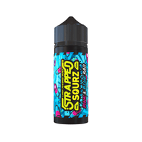 Strapped Sourz Pink & Blue Raz e-liquid bottle with vibrant blue and pink design.