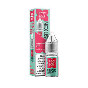 Pod Salt Nexus Strawberry Kiwi Ice Nic Salt e-liquid bottle and packaging on a white background