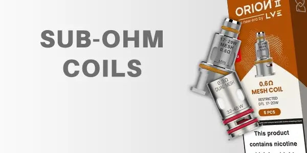 Subohm coils with LVE Orion II replacement sub-ohm coils featuring 0.6 ohm mesh and Vaporesso GTX 0.3 ohm dual mesh options with retail packaging.