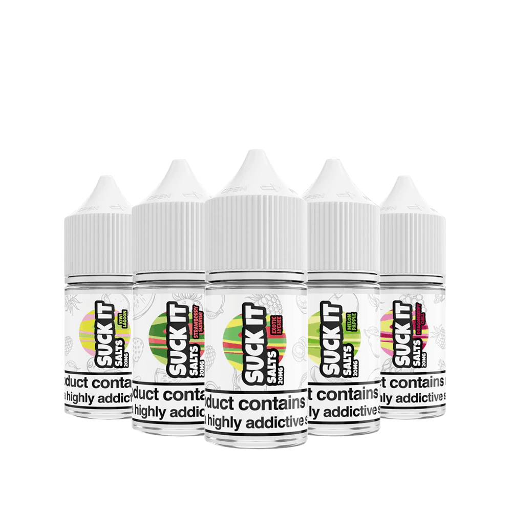 Five Suck It Salts 10ml vape juice bottles with colourful labels, displayed in a row.