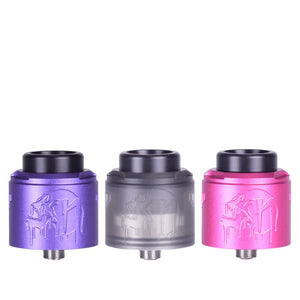 Three Suicide Mods Nightmare V2 RDAs in purple, grey, and pink, lined up side by side.