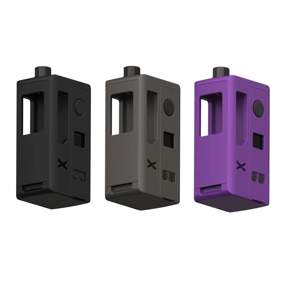 Three Suicide Mods Stubby 21 AIO X-Ray SE vape kits in black, grey, and purple.