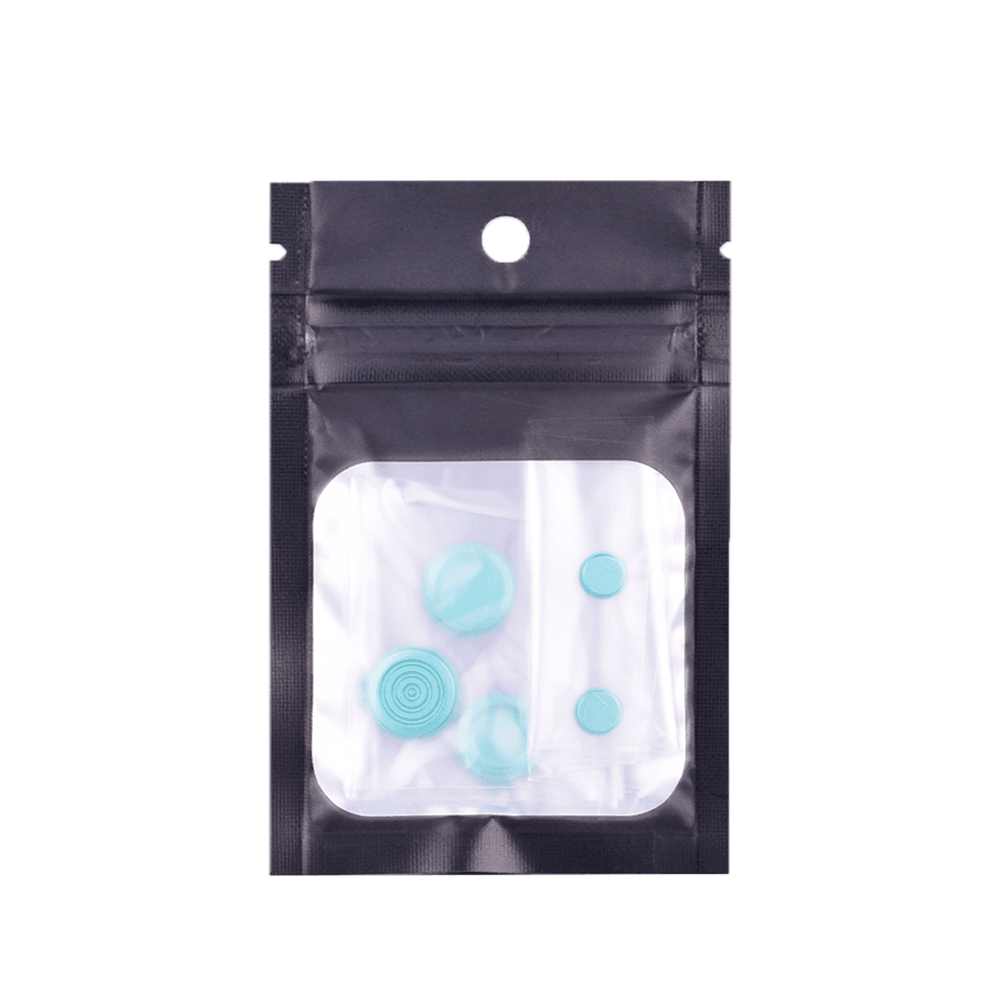 Teal vape button kit in a black resealable pouch.