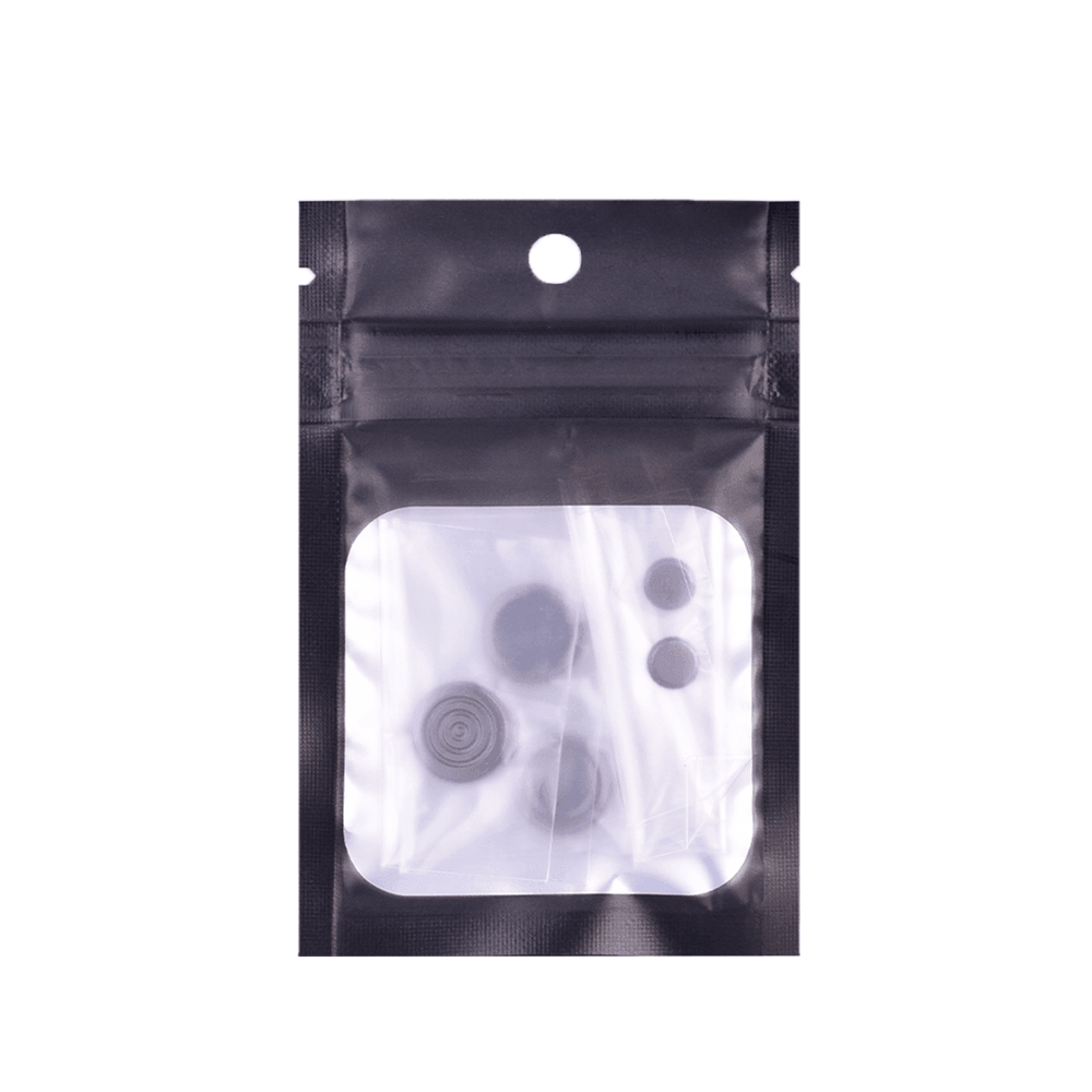 Black pouch with vape mod button kit, visible through clear plastic front.