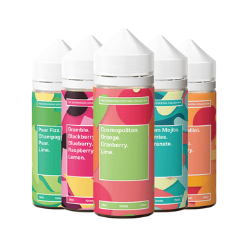 Five colourful vape juice bottles with fruity cocktail flavours.