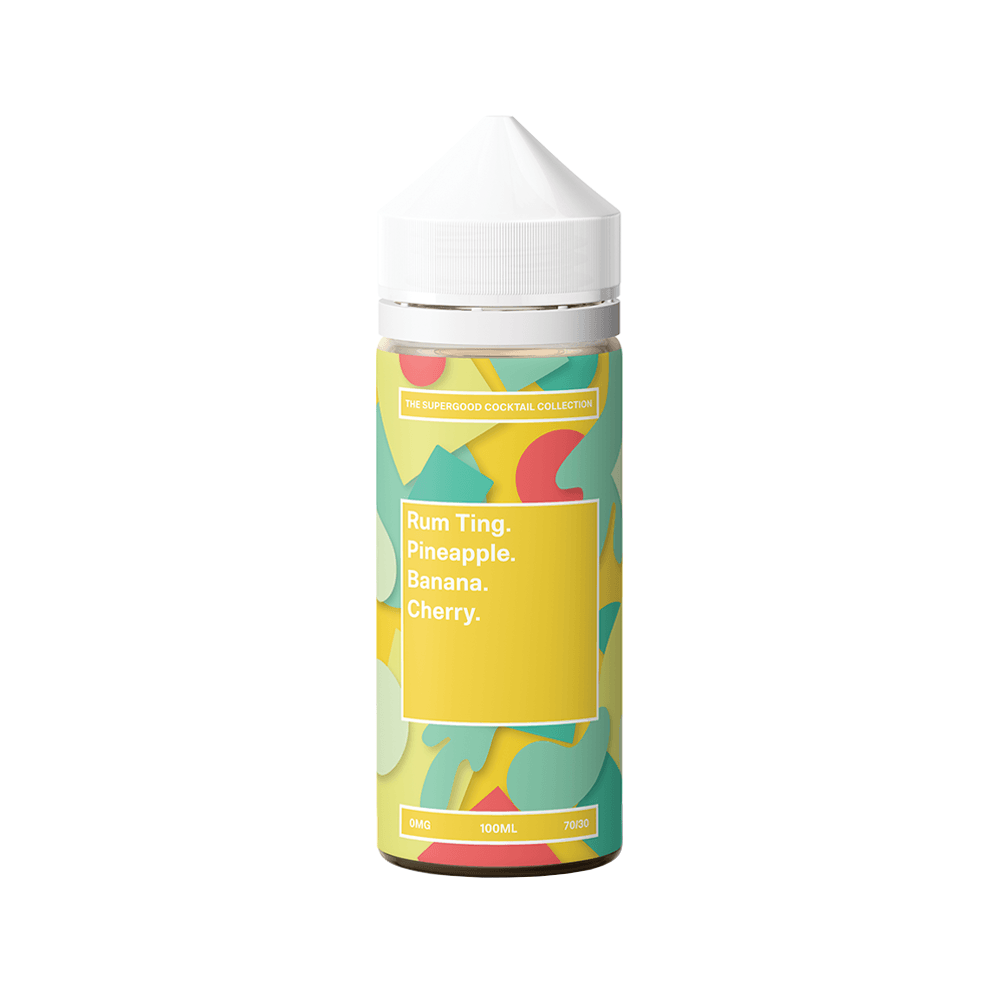 Supergood Rum Ting e-liquid bottle with vibrant fruit-themed label.