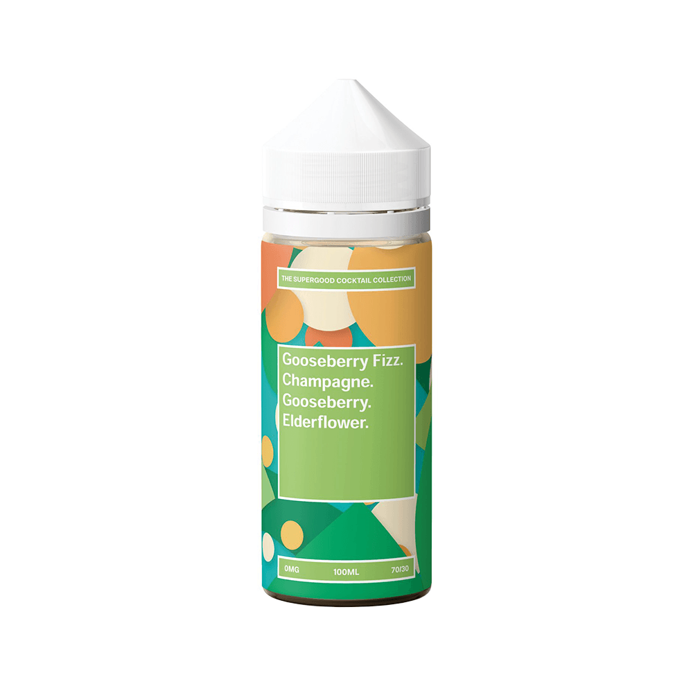 Vape juice bottle with a colourful label featuring cocktail flavours.