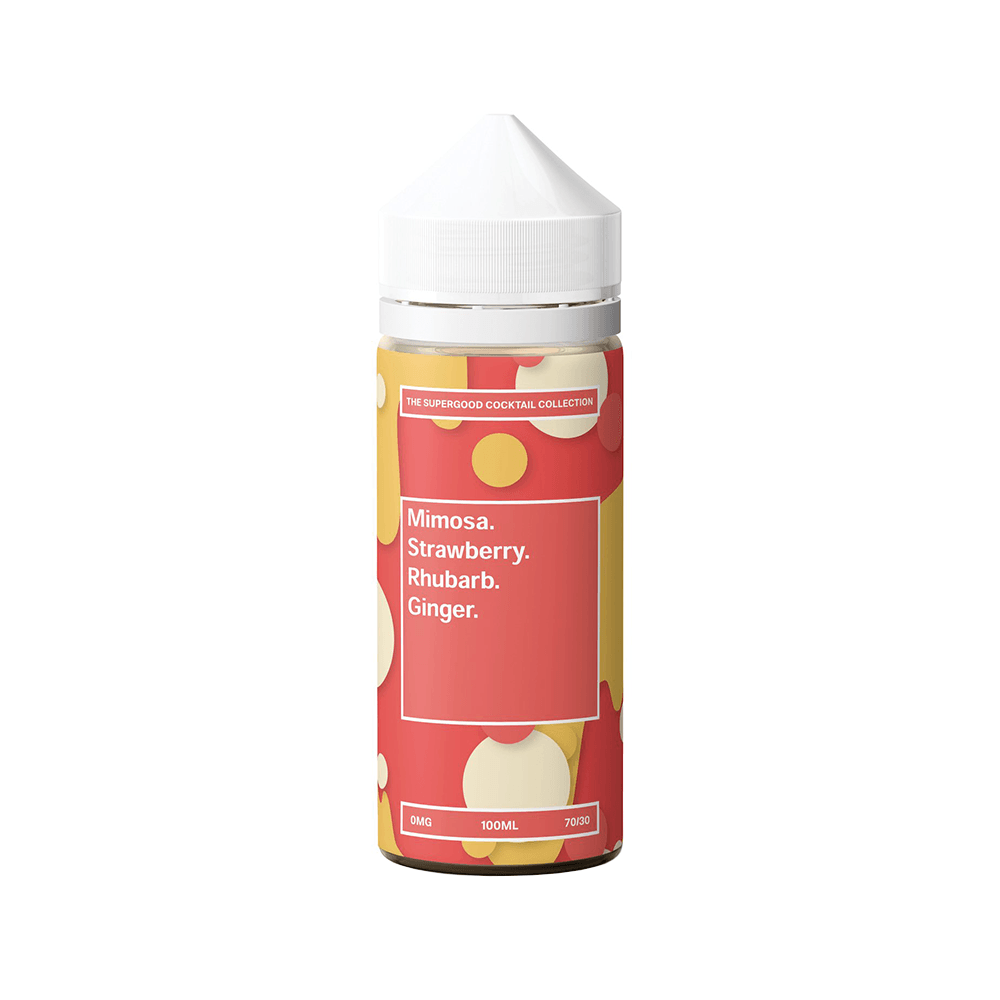 Vibrant vape juice bottle with mimosa, strawberry, rhubarb, and ginger flavours.