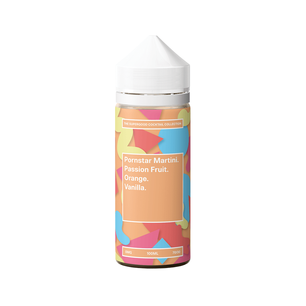 Vibrant vape juice bottle with colourful label, featuring Pornstar Martini flavour.