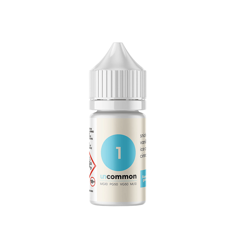 Supergood Uncommon No. 1 vape juice bottle with white cap and blue label, 10ml size.