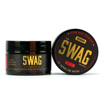 Two black containers of Swag cotton, featuring "Ultra Heat Resistant" text.