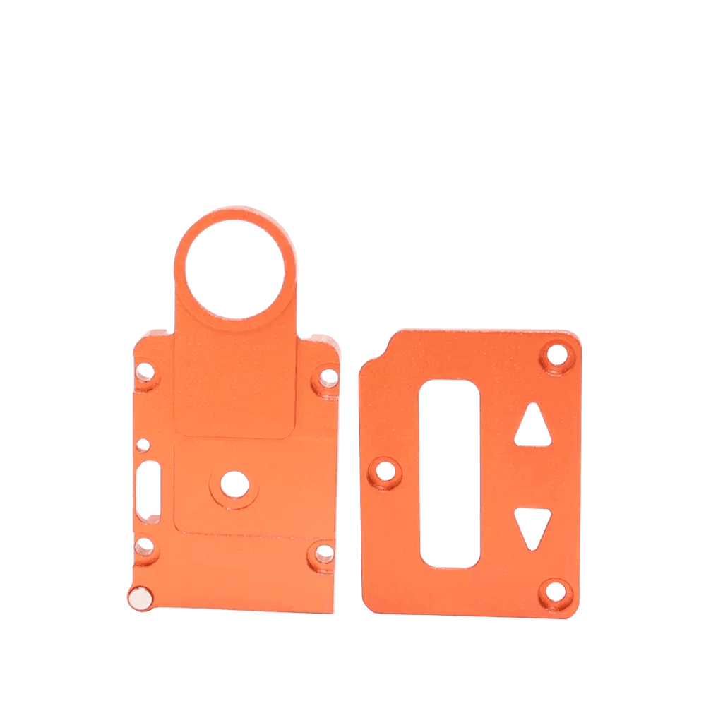 Orange vape mod replacement panels with cut-out designs.