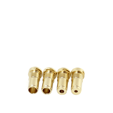 Four gold airflow inserts for RBA vaping devices, aligned side by side.