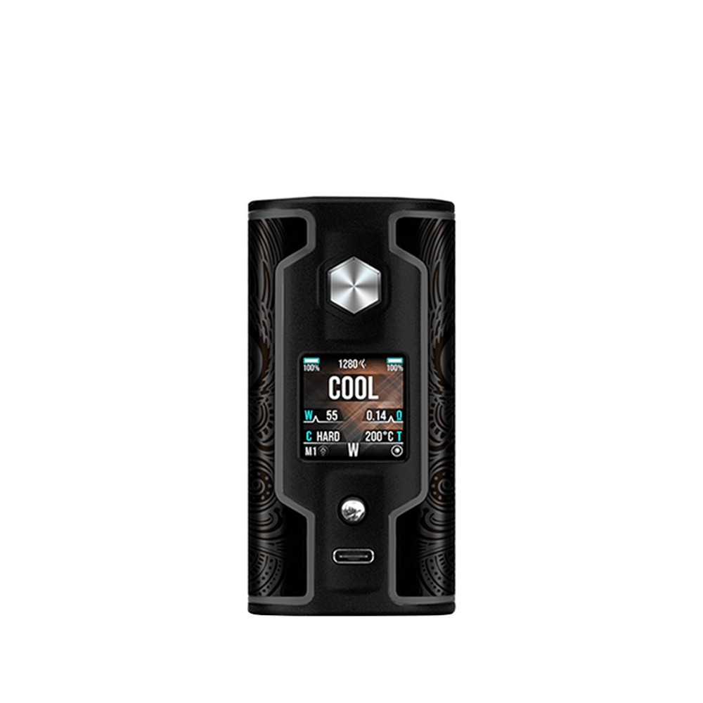 SXmini G Class V2 Box Mod, black with intricate design, displayed on a white background.