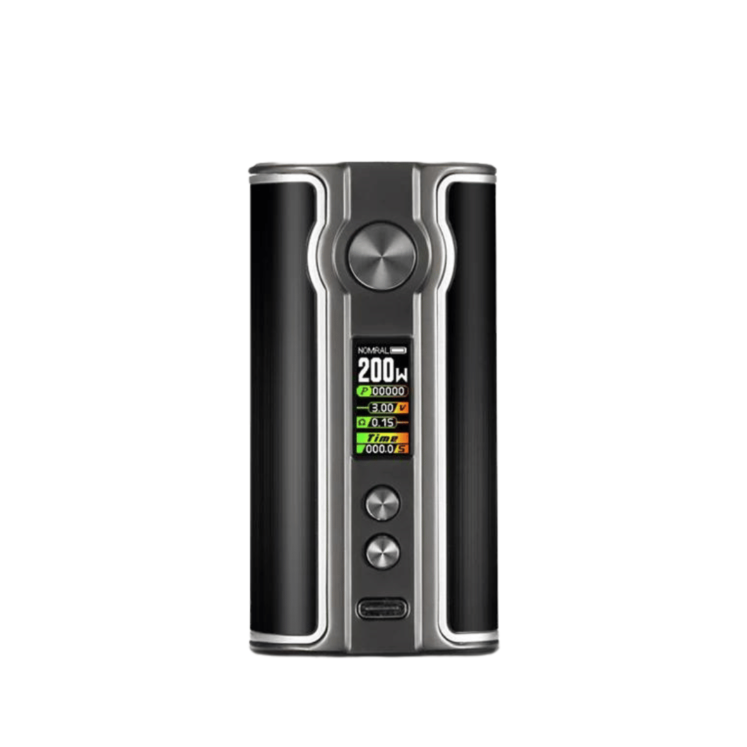 SXmini iPV V200 box mod in aluminium black with digital display and control buttons.