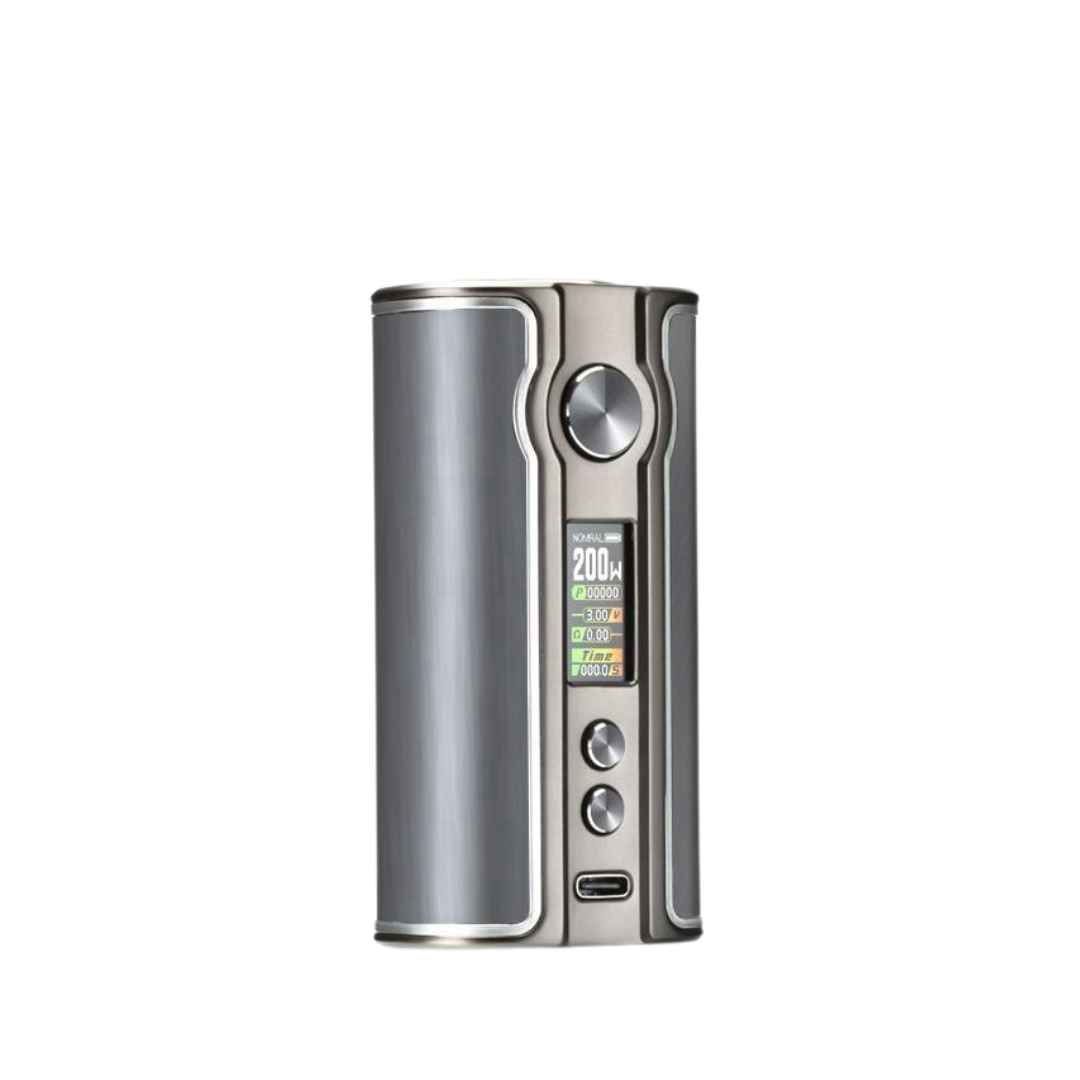 SXmini iPV V200 Box Mod in aluminium gunmetal with a digital display and control buttons.