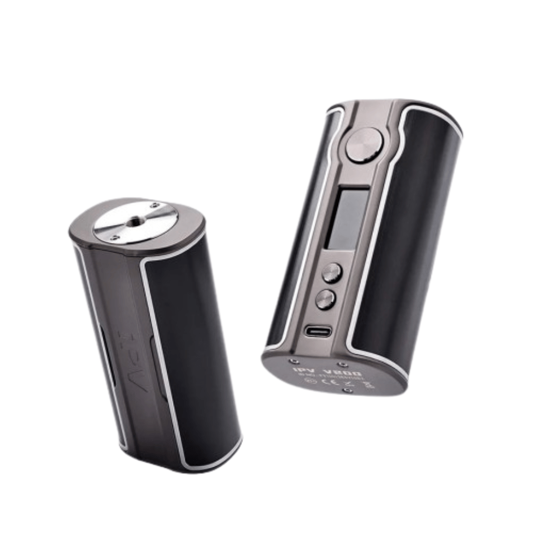 SXmini IPV V200 Box Mod, sleek aluminium design, dual view with control buttons and display.