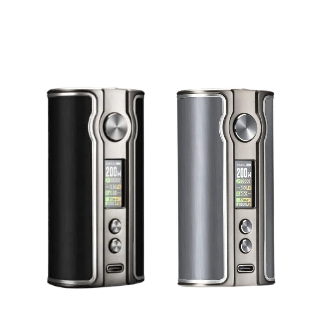 Two SXmini IPV V200 box mods, black and silver, with digital displays showing 200W.