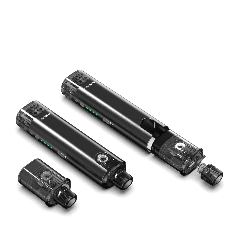 SXmini Puremax Pod Kit in black, shown with two pods and LED indicators.