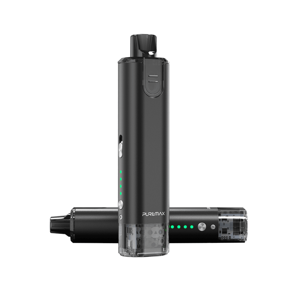 SXmini Puremax Pod Kit, black, standing and lying down, with LED indicators visible.