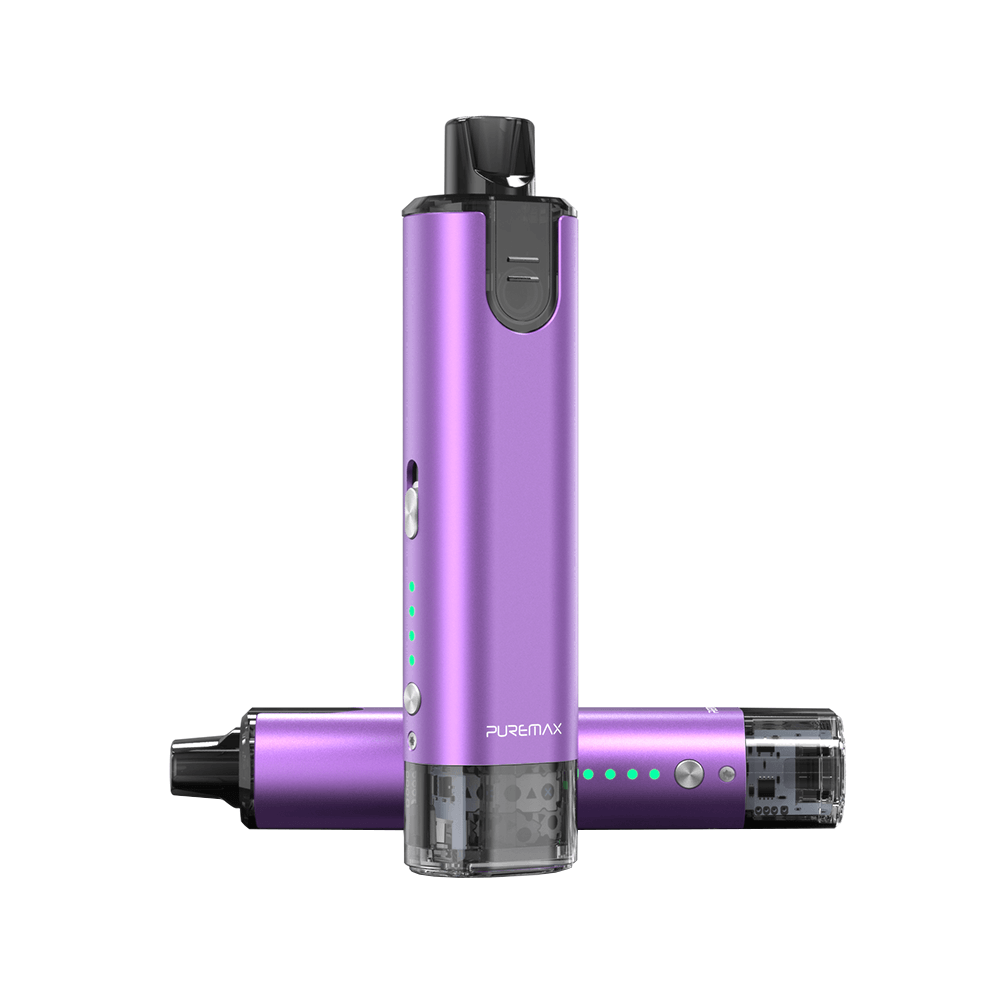 SXmini Puremax Pod Kit in vibrant purple, shown upright and lying down.