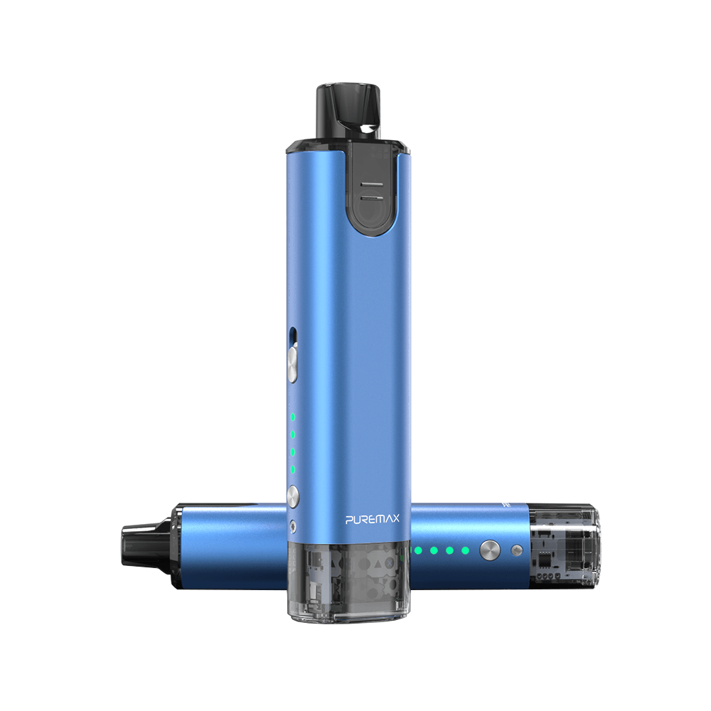 SXmini Puremax Pod Kit in blue, showcasing its sleek design and LED indicators.