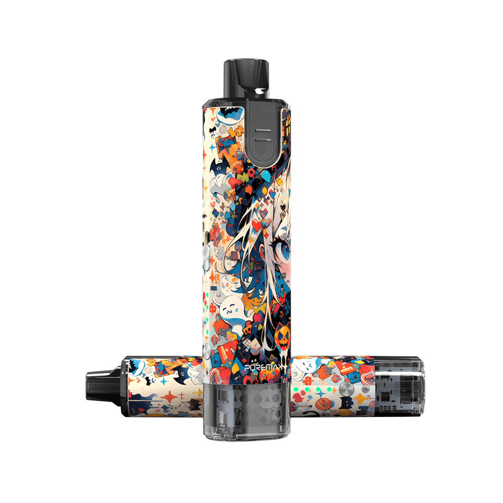 SXmini Puremax Pod Kit with vibrant, colourful design, displayed upright and lying down.