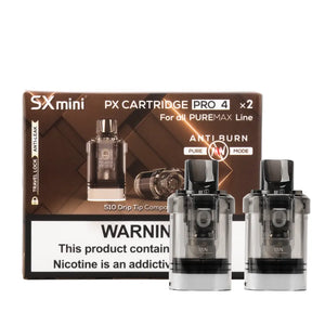 puremax pro 4 cartridges with packaging and SXmini branding and nicotine warning label.