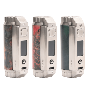 Three SXmini SL Pro Class 100W Stabwood Box Mods in various colours.