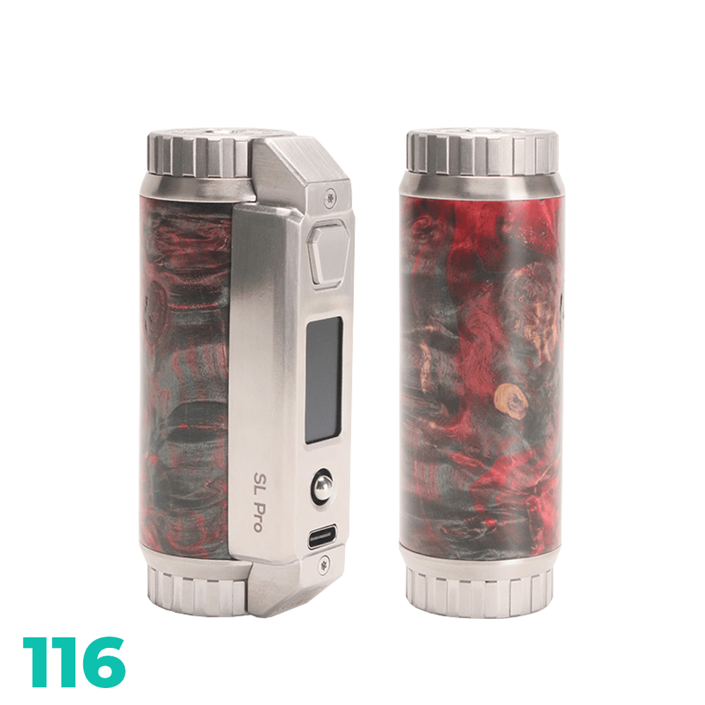 SXmini SL Pro Class 100W Stabwood Box Mod, red and grey design, front and back view.